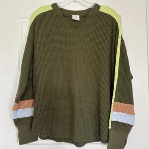 Offline by Aerie - Olive Green Waffle Knit Sweater with Color Block Sleeves